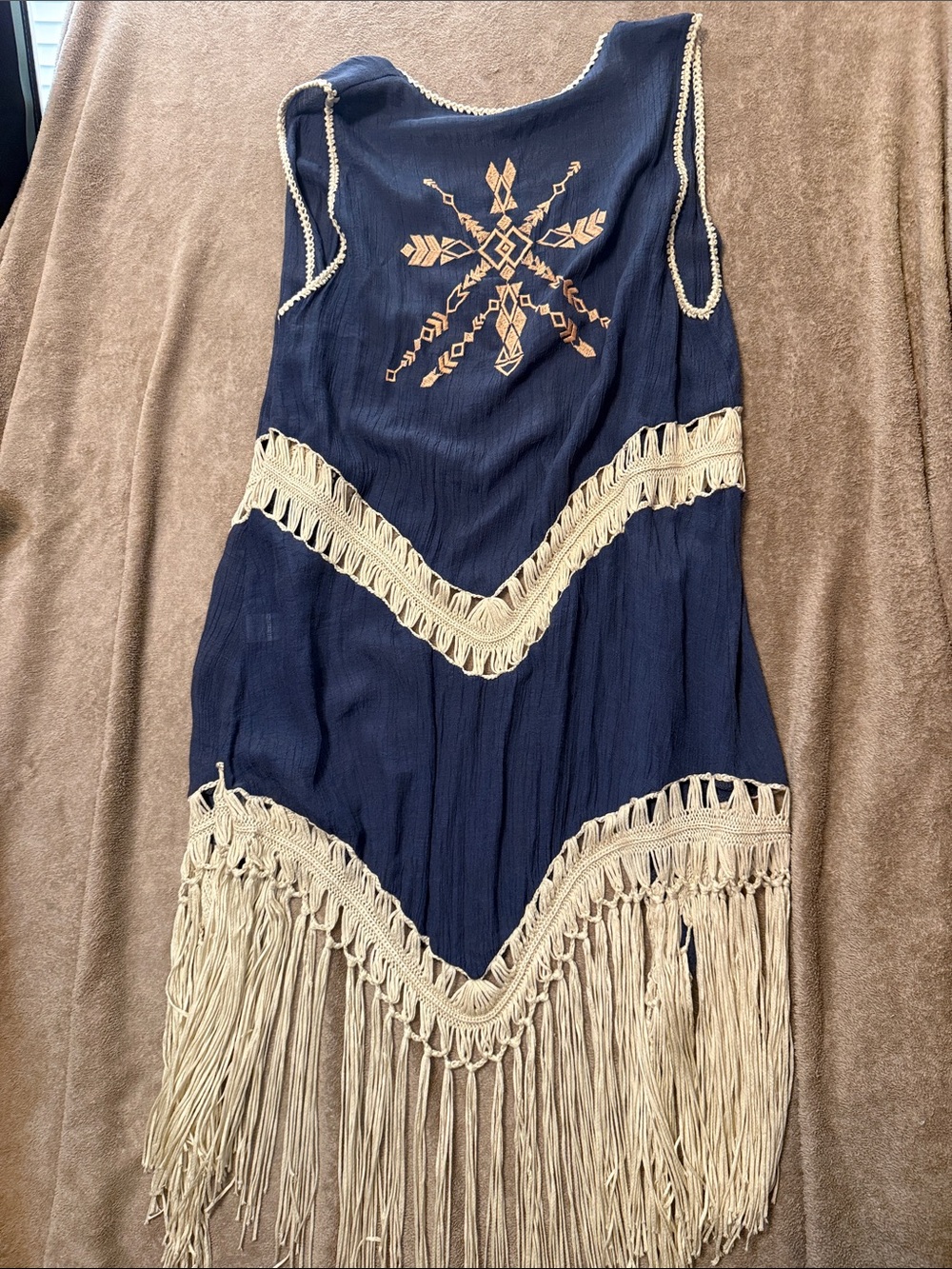 Umgee Navy Vest  with Cream Fringe & Embroidered Front